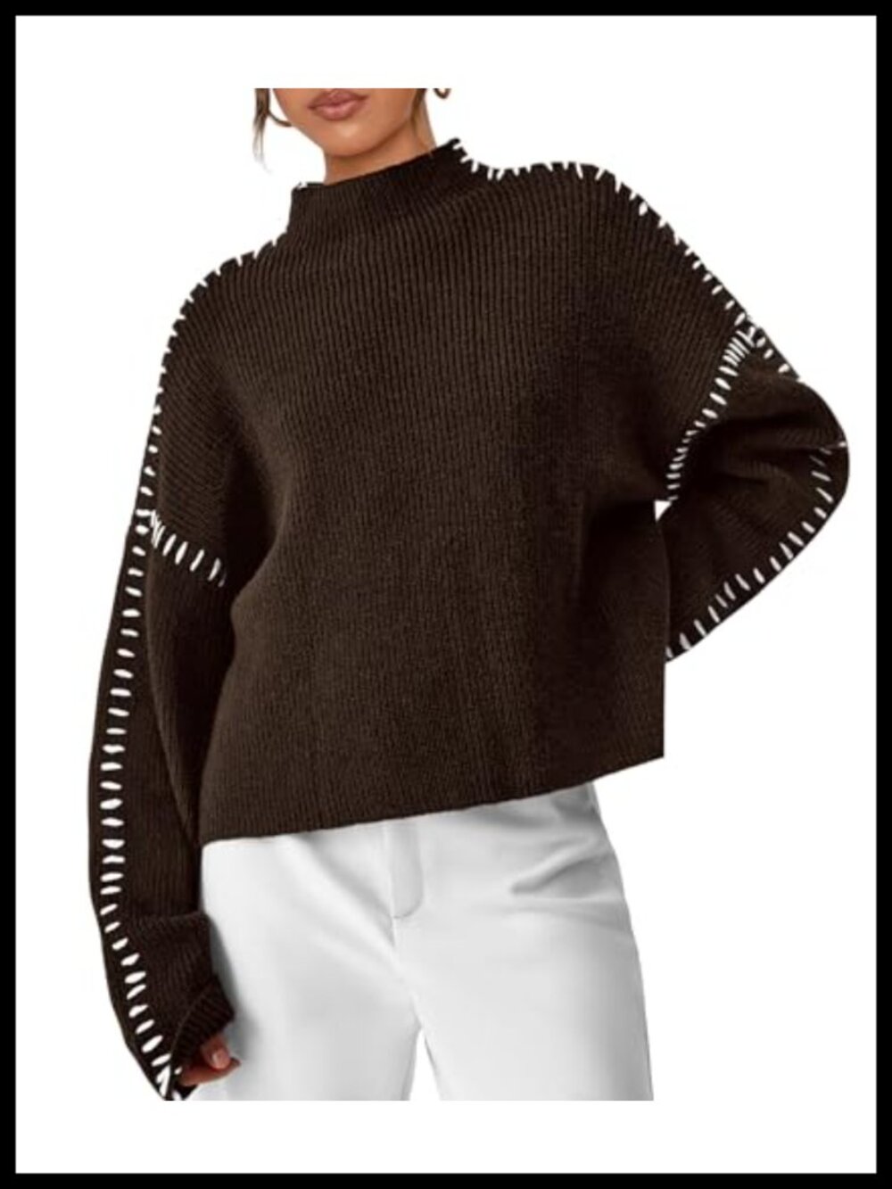 Chunky Knit Oversized Pullover Sweater Mock Neck Drop Shoulder Cropped